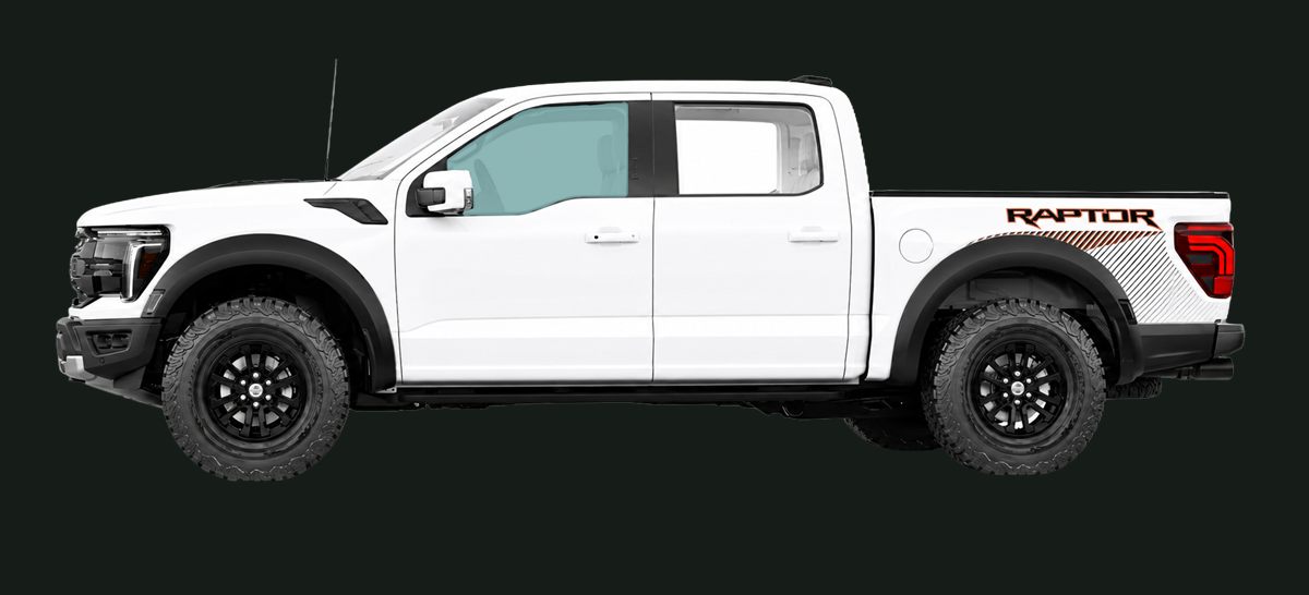 White Ford Raptor pickup truck, side view, on a dark background
