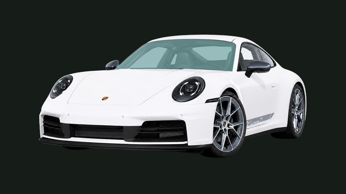 White Porsche sports car, front three-quarter view, on a dark background